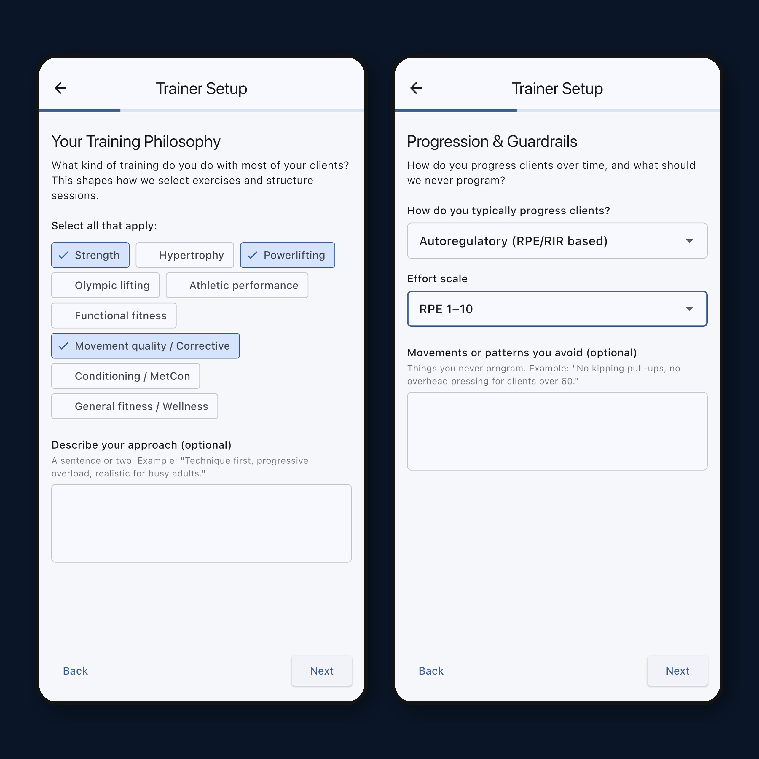 Personal trAIner PRO trainer profile screen showing coaching style setup
