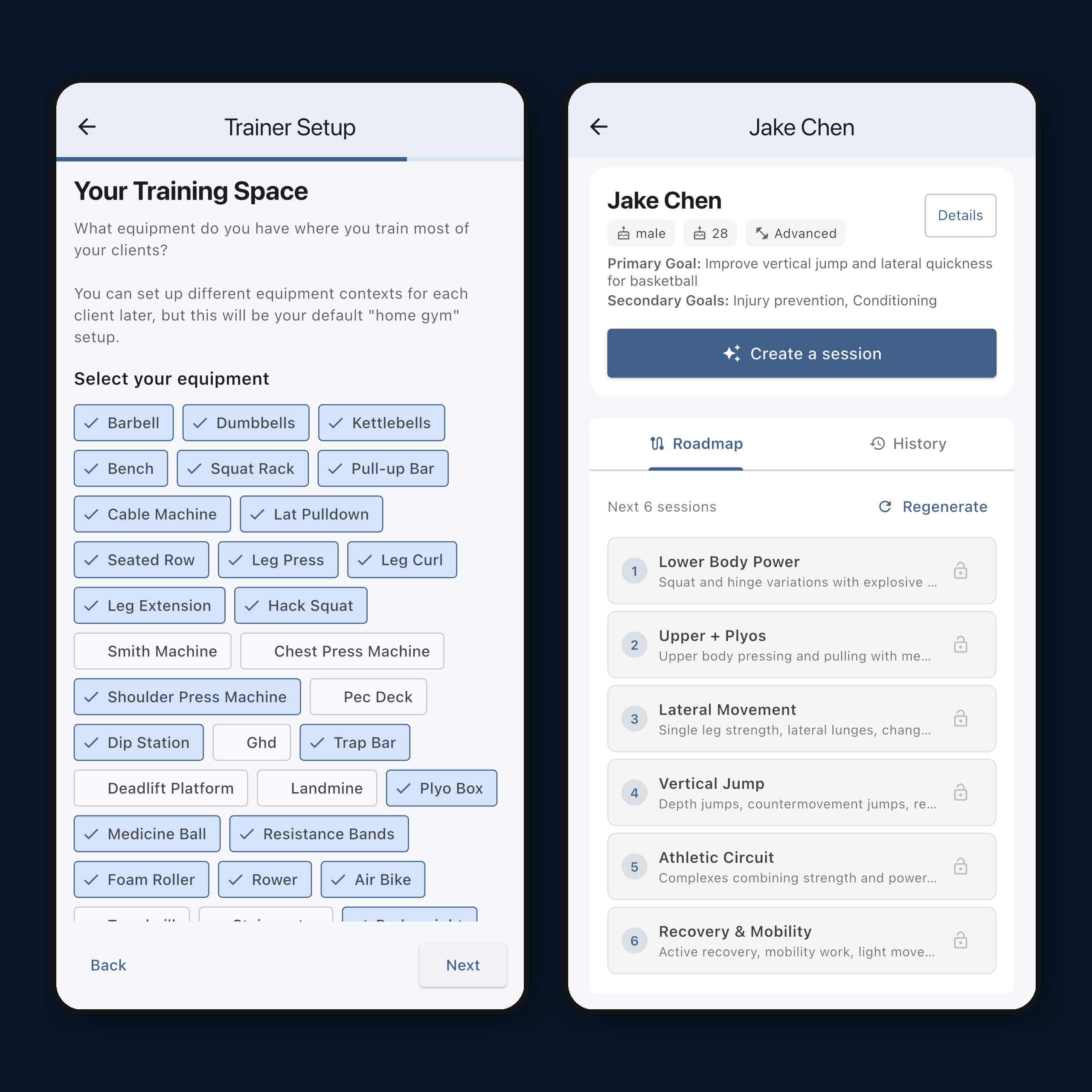 Personal trAIner PRO client roadmap and session creation screens