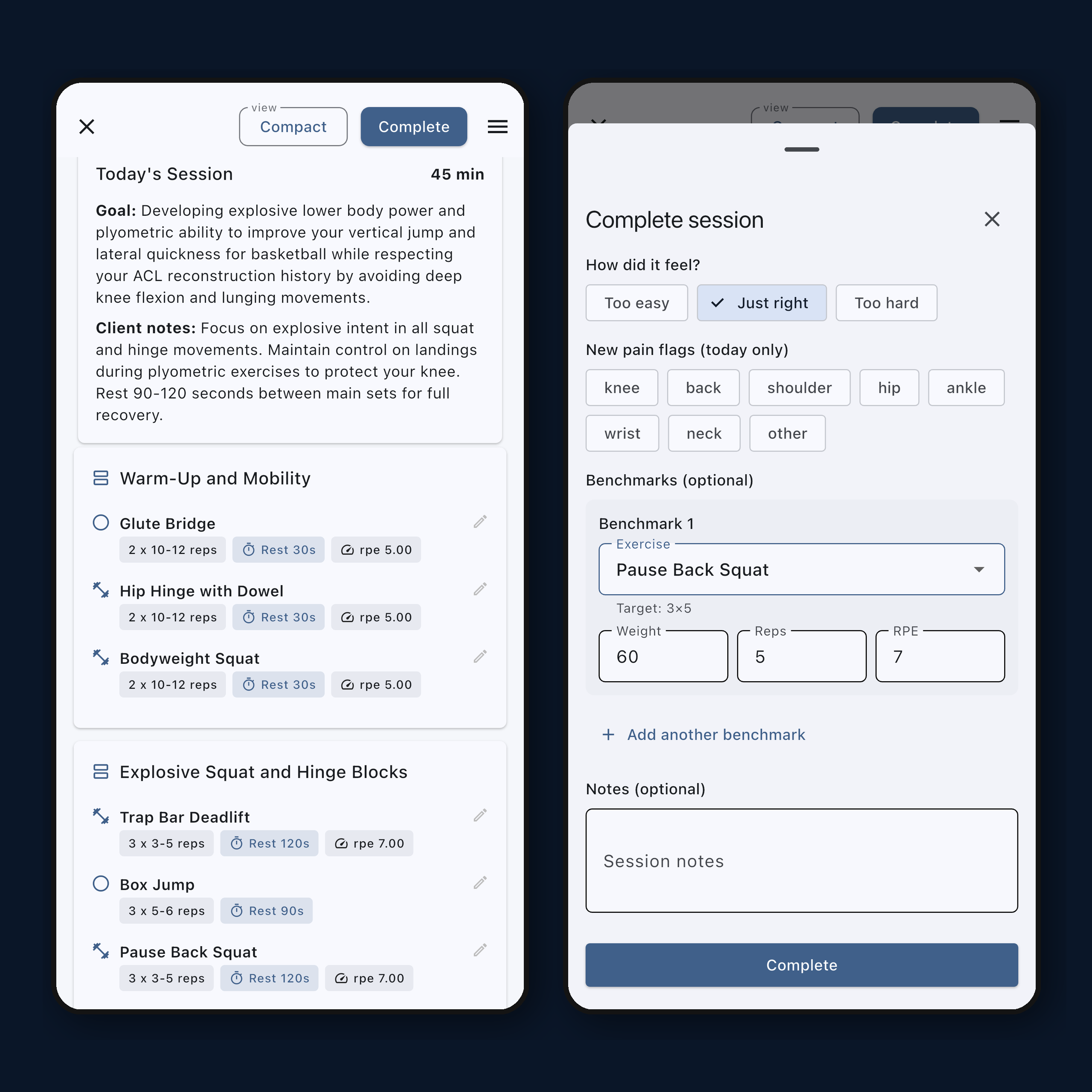 Personal trAIner PRO session delivery and completion tracking screens